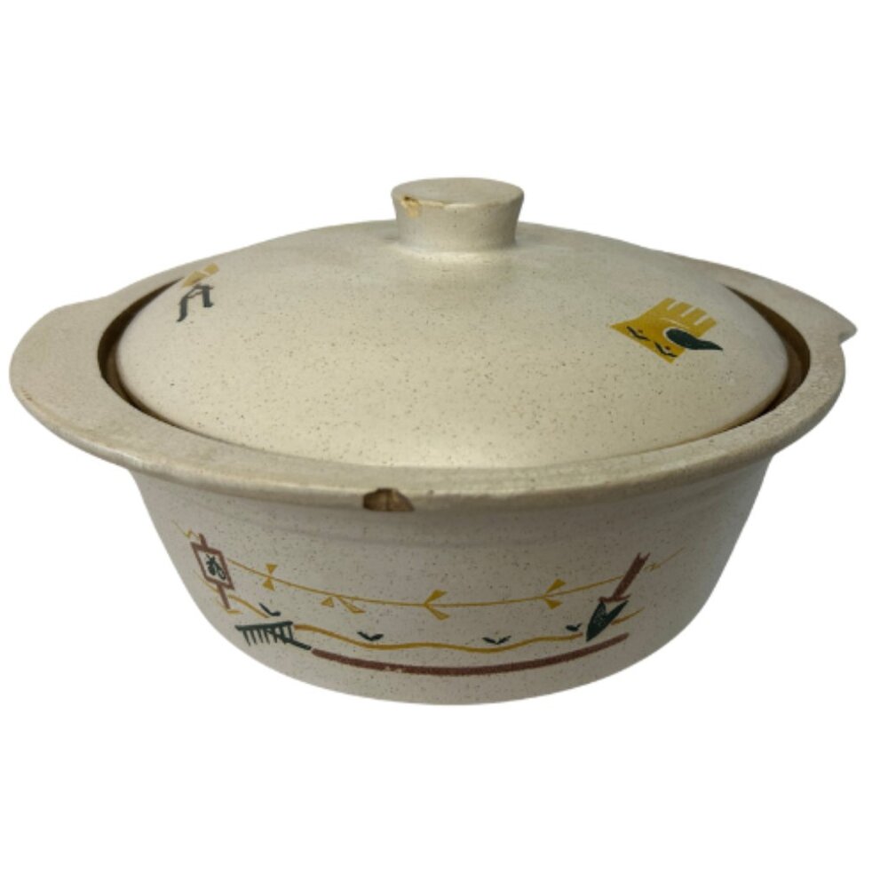 Vintage Monmouth Pottery USA Stoneware Bowl with Lid and Handles